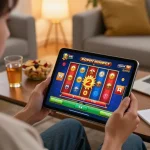 Engaged player spinning reels in a slot online game on a tablet, surrounded by snacks in a cozy living room.