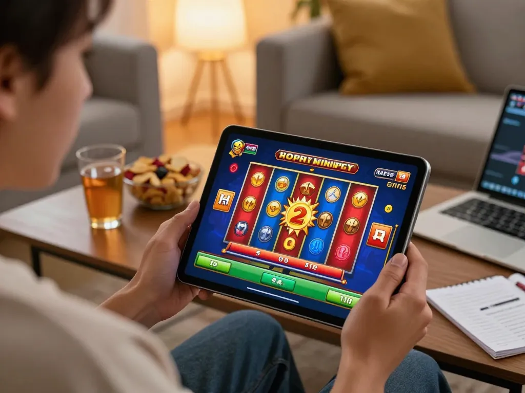Engaged player spinning reels in a slot online game on a tablet, surrounded by snacks in a cozy living room.