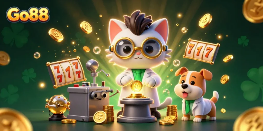Bet on Go88 in a colorful 3D casino scene featuring a mad scientist cat and dog.