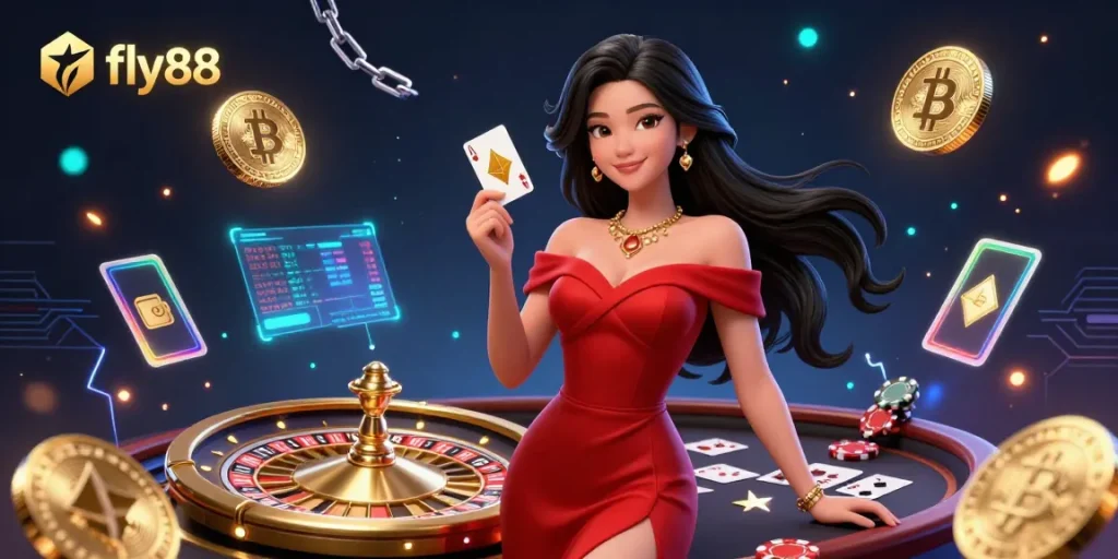 Engage with fly88's immersive casino experience featuring a glamorous dealer holding playing cards.
