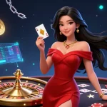 Engage with fly88's immersive casino experience featuring a glamorous dealer holding playing cards.