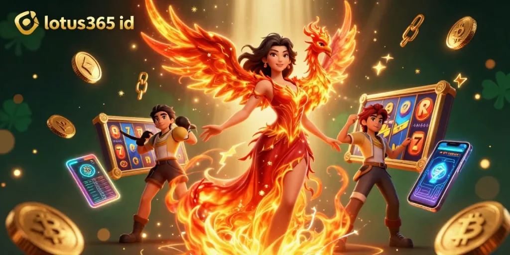Experience thrilling gaming adventures with lotus365 id, featuring vibrant slot reels and a fiery character.