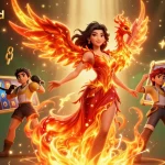 Experience thrilling gaming adventures with lotus365 id, featuring vibrant slot reels and a fiery character.