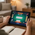 Engaging in non gamstop casino gaming on a tablet in a cozy home setting, showcasing strategic gameplay