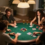 Friends enjoying an intense poker game at home, showcasing exciting m114 betting strategies.