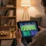 Xoilac user placing bets on football matches from the comfort of their living room while enjoying a snack.