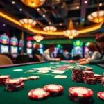 Kegiatan seru Kenangan4D di meja judi kasino dengan pemain dan chips berkilau.