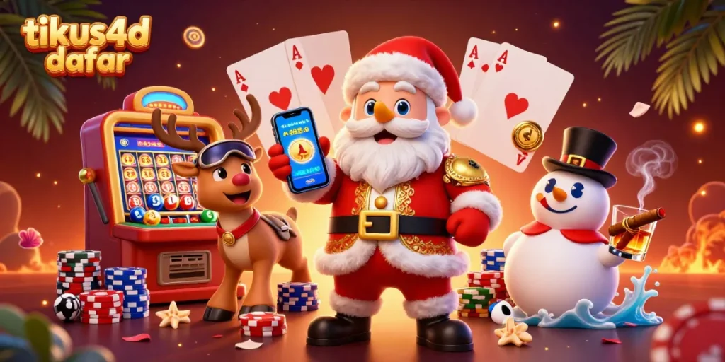 Engage with tikus4d daftar in a vibrant casino scene featuring Santa and friends.