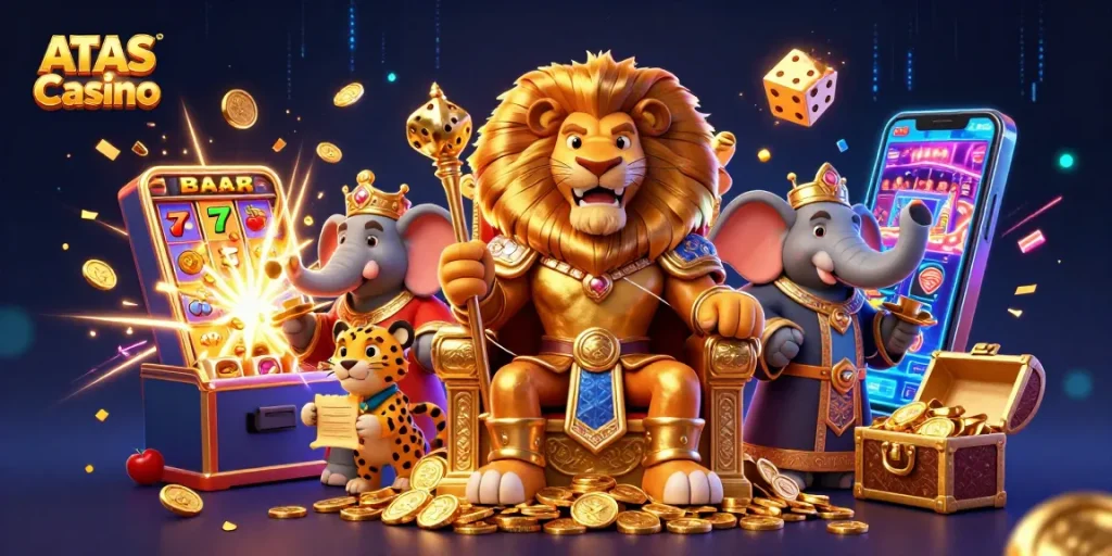 Experience the thrill at ATAS Casino with vibrant slot machines and exciting game elements in action.