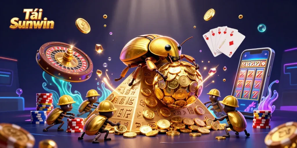 Experience the thrill of Tải Sunwin as golden beetles roll treasure through a vibrant casino world.