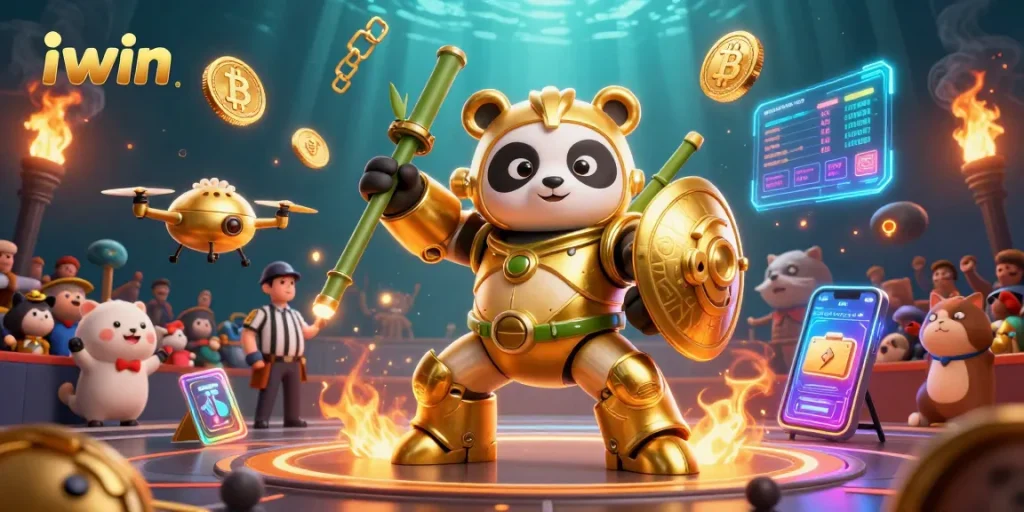 iwin enhances casino action with a golden panda in a mech-suit battling in a rich 3D environment.