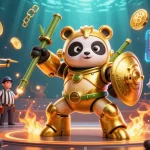 iwin enhances casino action with a golden panda in a mech-suit battling in a rich 3D environment.