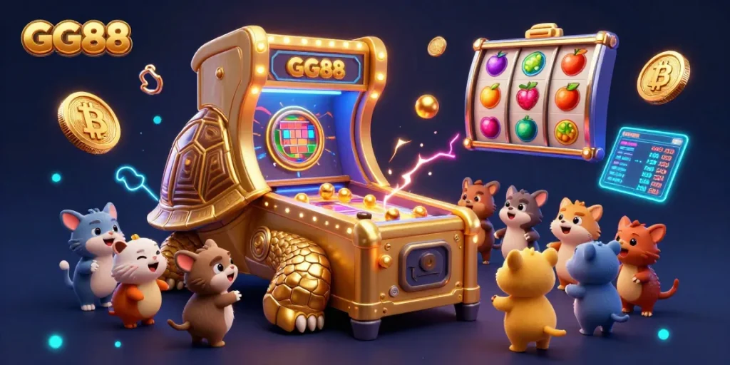 Play games at GG88 with exciting visuals including a colossal tortoise as a pinball machine amidst vibrant gambling elements.
