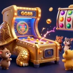 Play games at GG88 with exciting visuals including a colossal tortoise as a pinball machine amidst vibrant gambling elements.