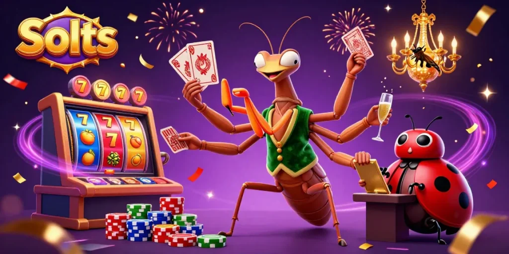 Spin slots with vibrant characters in a rich casino scene filled with jackpots and colorful elements.