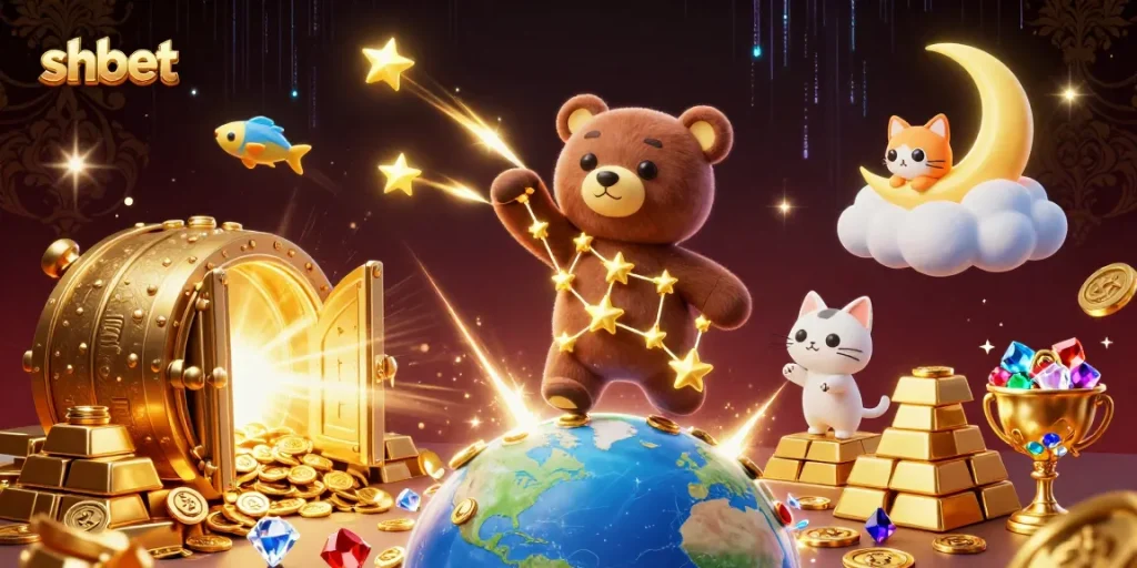 Experience the excitement of shbet with a dazzling 3D casino-themed constellation illustration filled with treasures.