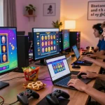 Players excitedly engaging with cocomaya buy feature slots in a cozy gaming environment, vibrant setups and colorful screens creating a lively atmosphere.