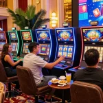 Engaged players enjoying bonus buy slots at a luxurious casino setting filled with excitement and camaraderie.