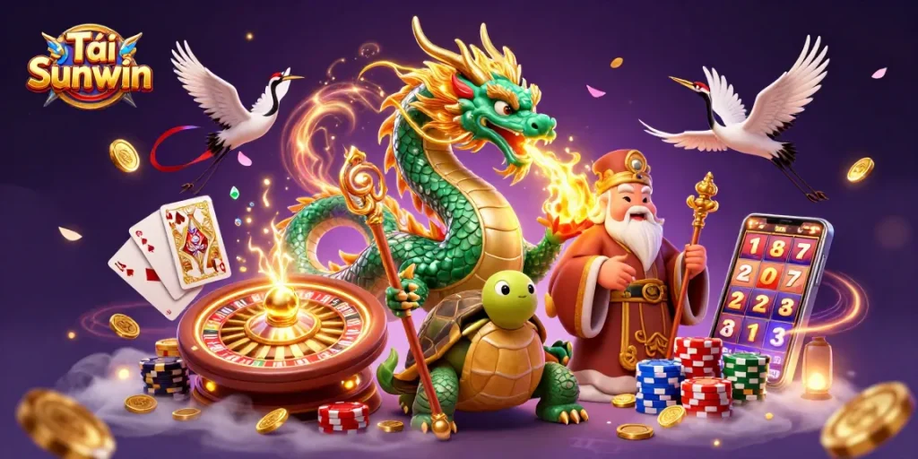 Tải Sunwin with an emerald jade dragon, lucky cranes, and casino elements shining through