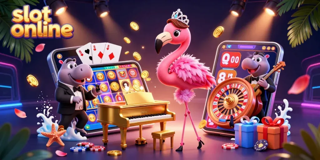 Permainan slot online yang seru dengan penyanyi flamingo dan pemain bas hippo di kasino virtual.