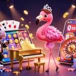 Permainan slot online yang seru dengan penyanyi flamingo dan pemain bas hippo di kasino virtual.