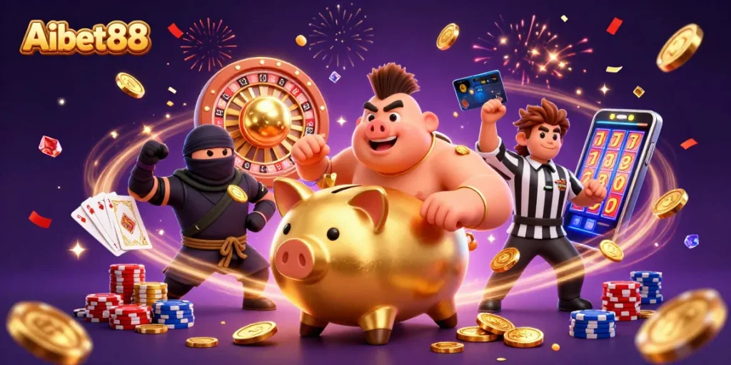 Aibet88 action scene with a sumo wrestler, wallet ninja, and credit card referee amidst cascading coins and gaming elements