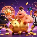 Aibet88 action scene with a sumo wrestler, wallet ninja, and credit card referee amidst cascading coins and gaming elements