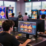 Exciting scene of players exploring new online casinos with vibrant game graphics and lively interactions.