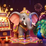 Dewacair Login: Win big in this vibrant 3D casino scene featuring an elephant, peacock, and slot machine.