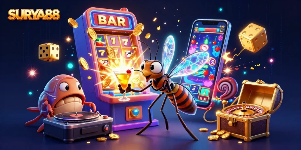 SURYA88 brings excitement alive with a vibrant 3D casino illustration showcasing a dynamic scene of gaming elements.