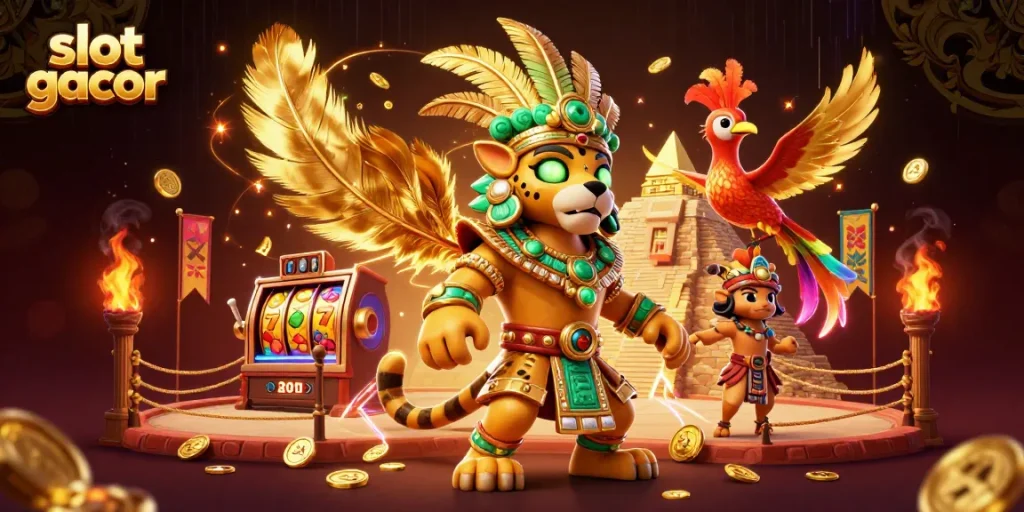 Putaran slot gacor dalam ilustrasi 3D, menampilkan jaguar dan burung quetzal di arena pertempuran.