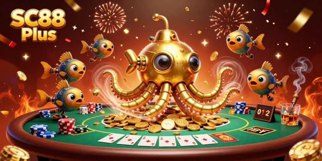 Experience SC88 Plus at the poker table with a kraken hybrid submarine and golden coins.