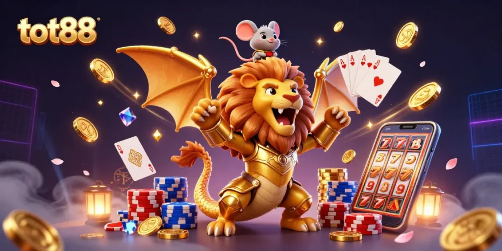 Engage with the dynamic triumph of tot88, featuring a chimera creature and a mouse jockey surrounded by casino excitement.