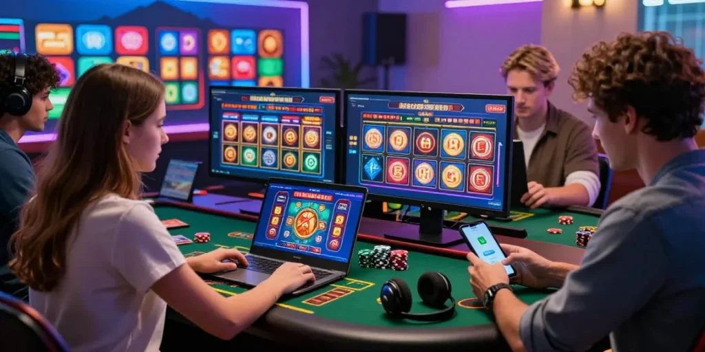 Players engaging in a credit card casino experience with live dealer games and digital excitement in a vibrant home setting.