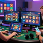 Players engaging in a credit card casino experience with live dealer games and digital excitement in a vibrant home setting.