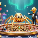 Engage in thrilling gameplay with play456bd as a golden spider spins a roulette wheel web in a vibrant casino scene.