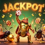 SURYA88 jackpot scene with a gladiator beetle and grand casino elements, showcasing victory.